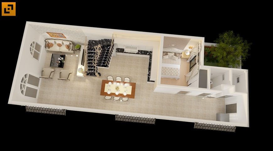 Mặt bằng công năng tầng 1 gồm phòng khách, phòng ăn+nhà bếp, phòng ngủ và nhà vệ sinh