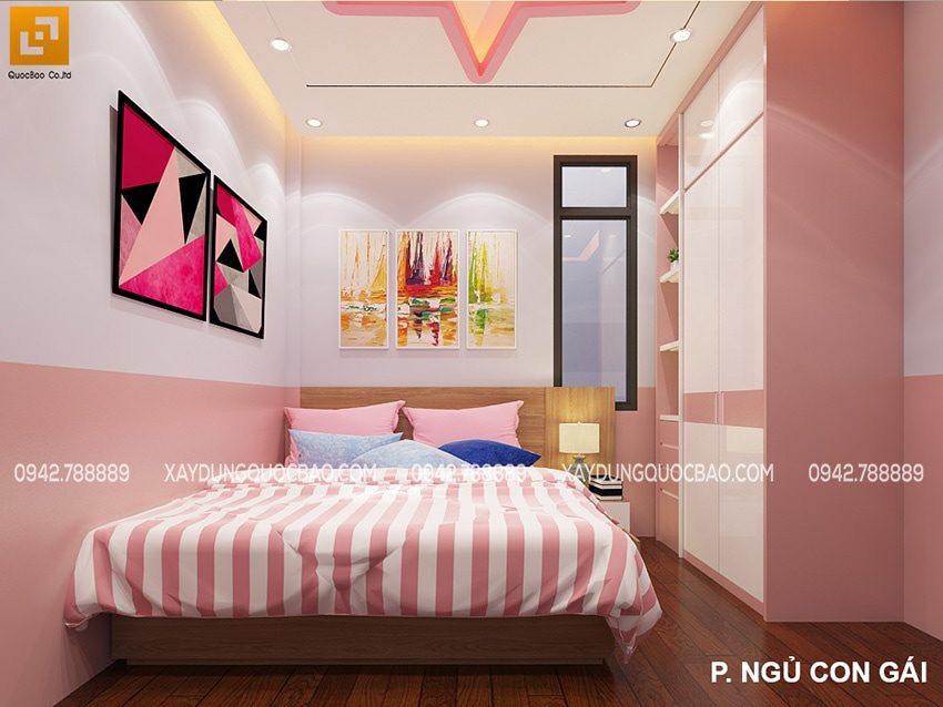 Phòng ngủ của bé gái được tô màu hồng nữ tính, dễ thương