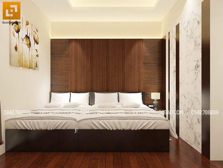Phòng ngủ master của bố mẹ đặt 2 giường đôi, gam màu trung tính dễ chịu