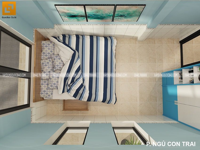 Phòng ngủ dành cho con trai sử dụng gam màu xanh tràn đầy sức sống, pha lẫn tinh nghịch