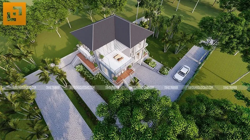Chiêm Ngưỡng Biệt Thự Vườn Đẹp 2 Tầng Có Tầng Hầm Tại Nhơn Trạch- BT20104 6 Ngắm nhìn biệt thự lộng lẫy từ trên cao, không gian ban công rộng rãi
