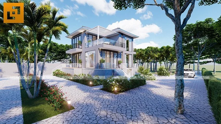 Chiêm Ngưỡng Biệt Thự Vườn Đẹp 2 Tầng Có Tầng Hầm Tại Nhơn Trạch- BT20104 4 Mặt tiền biệt thự có lối xe ra vào tầng hầm, cầu thang dẫn lên tầng trệt