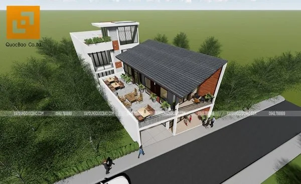 Không gian quán café ngoài trời bố trí vật dụng đơn giản, tối ưu ánh sáng và gió thiên nhiên