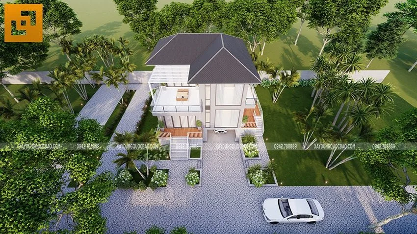 Chiêm Ngưỡng Biệt Thự Vườn Đẹp 2 Tầng Có Tầng Hầm Tại Nhơn Trạch- BT20104 3 Góc quan sát tổng thể biệt thự 2 tầng đẹp từ trên cao