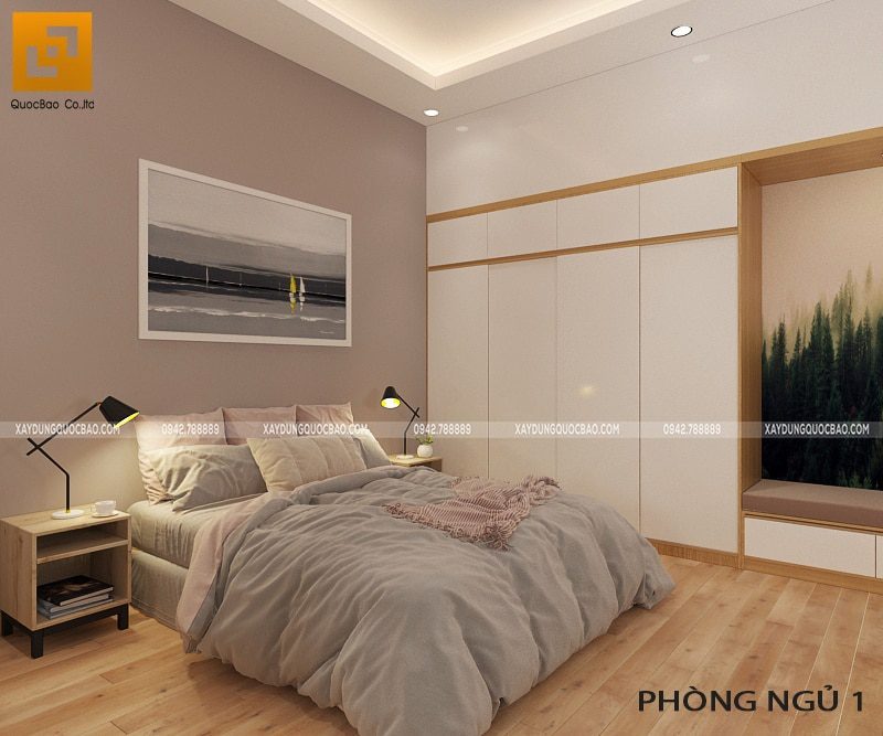 Phòng ngủ ấm cúng với gam màu trung tính