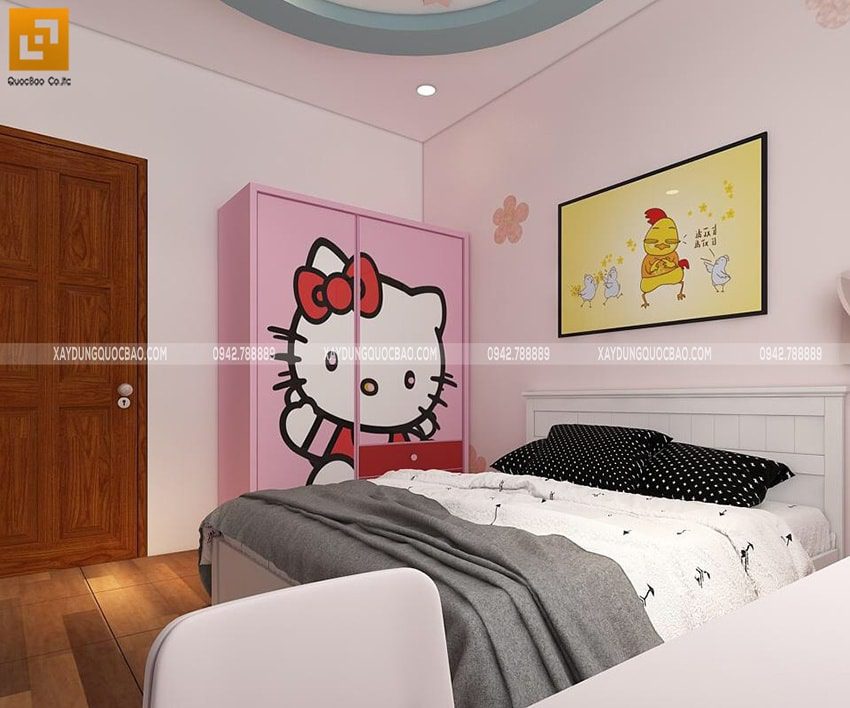 Phòng ngủ của bé gái với màu hồng chủ đạo, trang trí những hình ảnh dễ thương