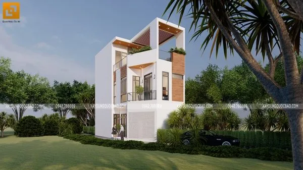 Tầng trệt thiết kế cửa cuốn để tăng diện tích sử dụng cho tiệm sửa xe, còn lầu 1 và sân thượng thì trổ ban công và sân thượng rất rộng rãi.