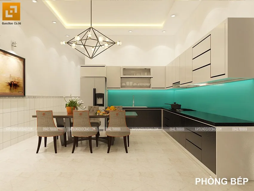 Nhà 2 tầng mái thái 5x16m tại Biên Hòa - NP20102 9 Phòng bếp kết hợp với nhà ăn sử dụng tủ kệ bếp gỗ công nghiệp cao cấp mẫu mã đẹp, giá thành phải chăng