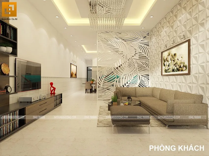 Nhà 2 tầng mái thái 5x16m tại Biên Hòa - NP20102 8 Từ phía bên ngoài nhà tiến vào trong, phòng khách là tâm điểm thu hút mọi ánh nhìn. Một bộ bàn ghế sofa kê ngay chính giữa phòng, khách đến chơi có thể ngồi uống nước và cùng gia chủ xem tivi.