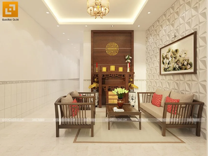 Nhà 2 tầng mái thái 5x16m tại Biên Hòa - NP20102 14 Không gian phòng thờ trang nghiêm. Gia chủ kê thêm bộ bàn ghế gỗ phía trước để cả gia đình quây quần bên nhau mỗi tối