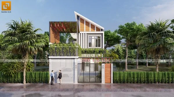 Mẫu nhà mái lệch 2 tầng mặt tiền 8m có hồ cá koi của anh Huy - Biên Hòa