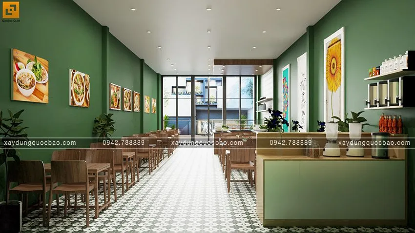 Khu vực bếp bố trí ở phía sau để giúp cửa hàng thuận tiện cho việc nấu nướng, chuẩn bị món cho khách.