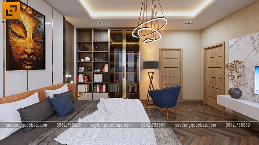 Biệt thự phố đẹp hiện đại giao thoa phong cách kiến trúc Á Âu 30 Tủ sách và tủ đựng vật dụng trang trí bố trí trong phòng ngủ