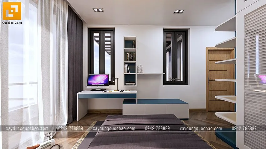 Biệt thự phố đẹp hiện đại giao thoa phong cách kiến trúc Á Âu 34 Kệ tivi, bàn làm việc sử dụng chất liệu gỗ công nghiệp MDF chống ẩm, màu sắc sáng đẹp