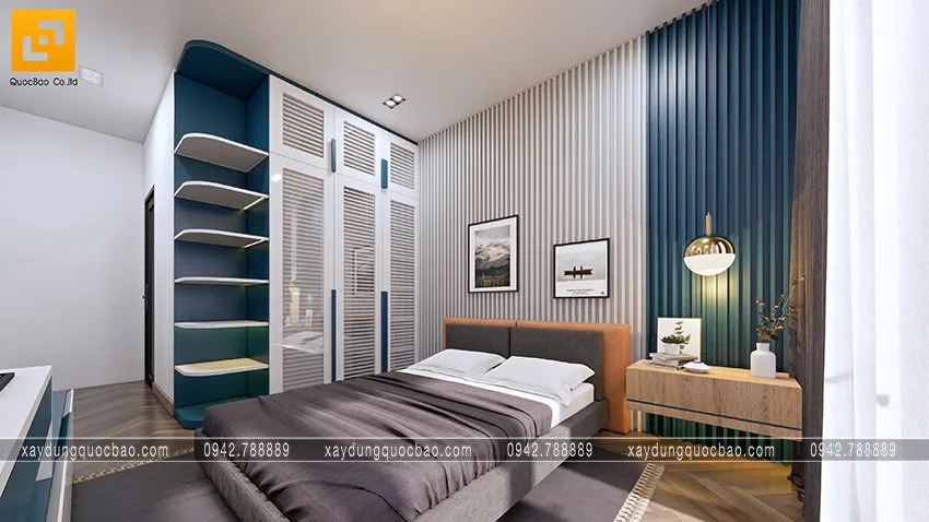 Biệt thự phố đẹp hiện đại giao thoa phong cách kiến trúc Á Âu 32 Giường ngủ trang trí đầy đủ tiện nghi cho nhu cầu sử dụng như tủ đựng quần áo, bàn trang điểm, kệ tivi, đèn đọc sách, tranh trang trí,...