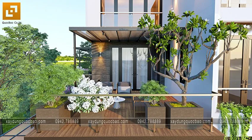 Biệt thự phố đẹp hiện đại giao thoa phong cách kiến trúc Á Âu 25 Khu vực sân thượng ở lầu 1 nơi gia đình thư giãn, hóng mát, ngắm cảnh đường phố