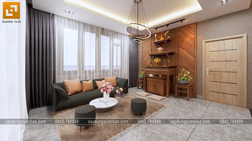 Biệt thự phố đẹp hiện đại giao thoa phong cách kiến trúc Á Âu 23 Phòng thờ kết hợp phòng sinh hoạt chung, bên hông thiết kế khung cửa lấy sáng có rèm che