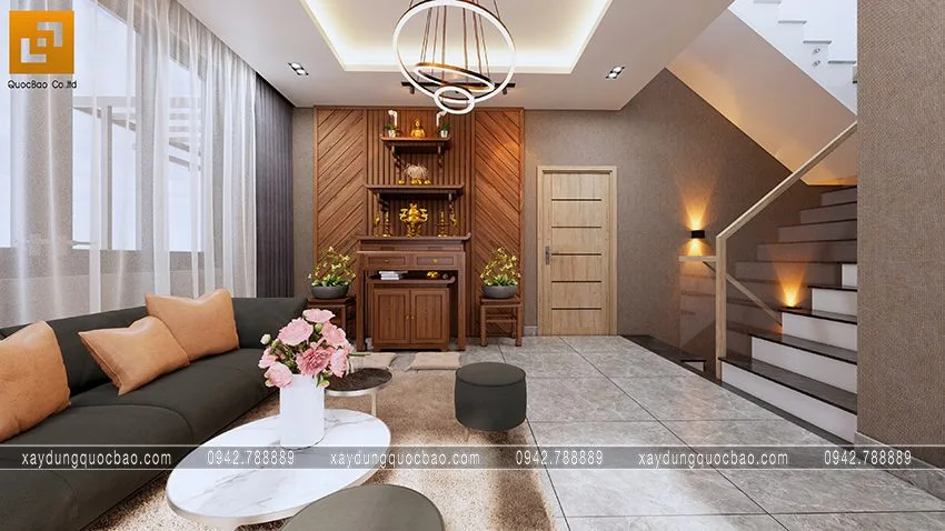 Biệt thự phố đẹp hiện đại giao thoa phong cách kiến trúc Á Âu 24 Phòng thờ bố trí bàn thờ 3 tầng (tam cấp) tối ưu không gian và thể hiện tầng lớp thứ tự khi thờ cúng