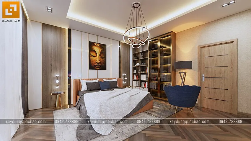 Biệt thự phố đẹp hiện đại giao thoa phong cách kiến trúc Á Âu 28 Mảng tường trang trí gam màu dịu nhẹ, giấy dán tường cách điệu giúp không gian nội thất thêm quyến rũ