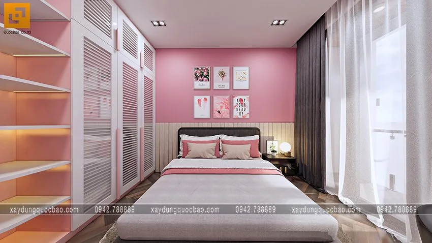 Biệt thự phố đẹp hiện đại giao thoa phong cách kiến trúc Á Âu 46 Khung cửa sổ có rèm điều tiết lượng sáng trong phòng ngủ
