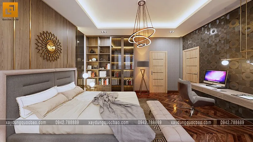 Biệt thự phố đẹp hiện đại giao thoa phong cách kiến trúc Á Âu 42 Nền nhà được ốp gỗ sang trọng, họa tiết trang trí tường lạ mắt
