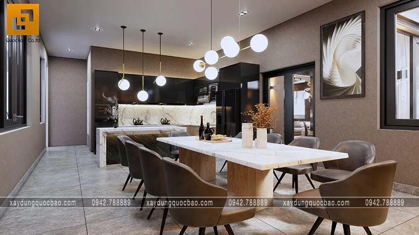 Biệt thự phố đẹp hiện đại giao thoa phong cách kiến trúc Á Âu 21 Yếu tố ánh sáng tự nhiên và ánh sáng từ đèn Led giúp mỗi bữa ăn đều có hương vị đậm đà hơn