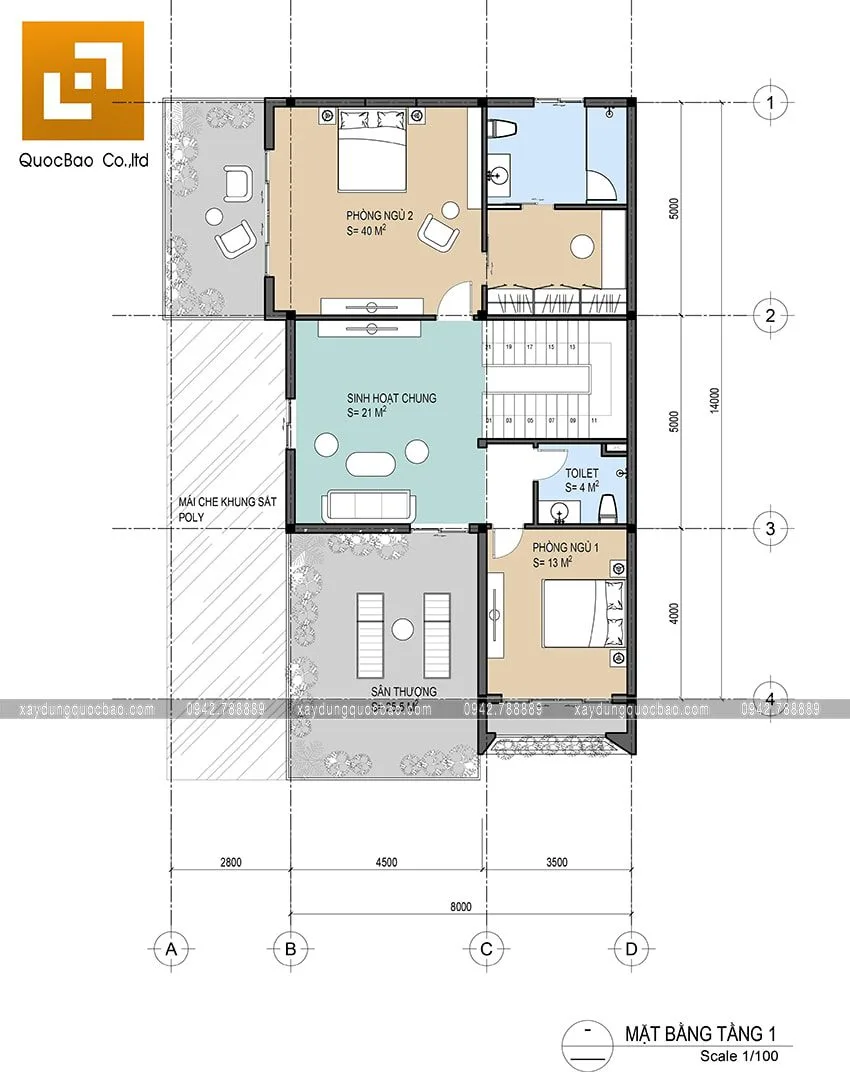 Biệt thự phố đẹp hiện đại giao thoa phong cách kiến trúc Á Âu 22 Mặt bằng công năng sử dụng của lầu 1