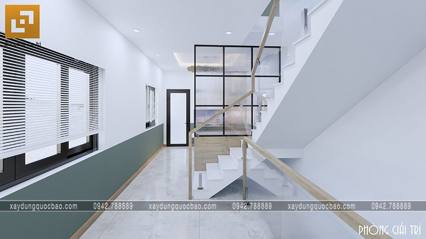 Cầu thang nhà phố có thiết kế nội thất hiện đại với vật liệu kính sáng cường lực