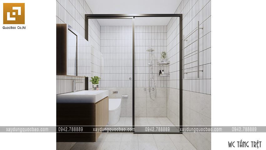 Để giúp tiết kiệm diện tích KTS đã thiết kế chung không gian nhà vệ sinh  và nhà tắm nhưng vẫn được ngăn cách bởi vách kính, chia làm 2 riêng biệt
