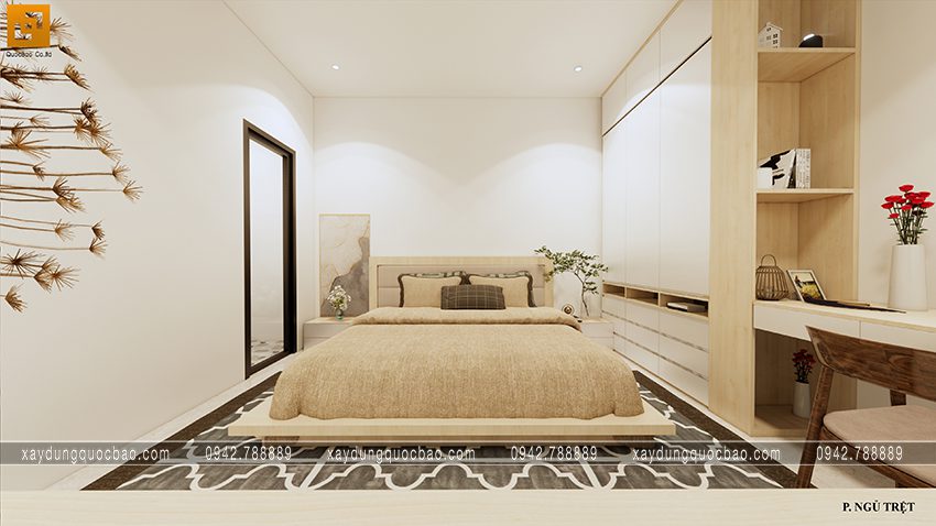 Phòng ngủ tại tầng trệt được bố trí phía cuối với gam màu nhẹ nhàng đơn giản