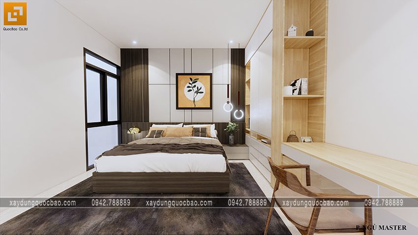 Phòng ngủ master của bố mẹ sử dụng gam màu trung tính với phong cách hiện đại, phóng khoáng