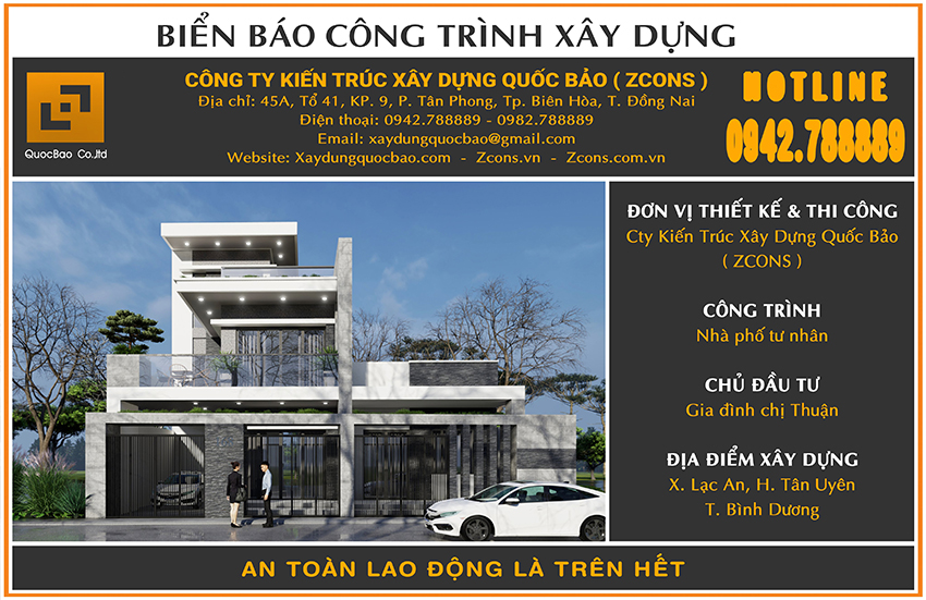 Biển báo công trình xây nhà trọn gói gia đình chị Thuận Tân Uyên