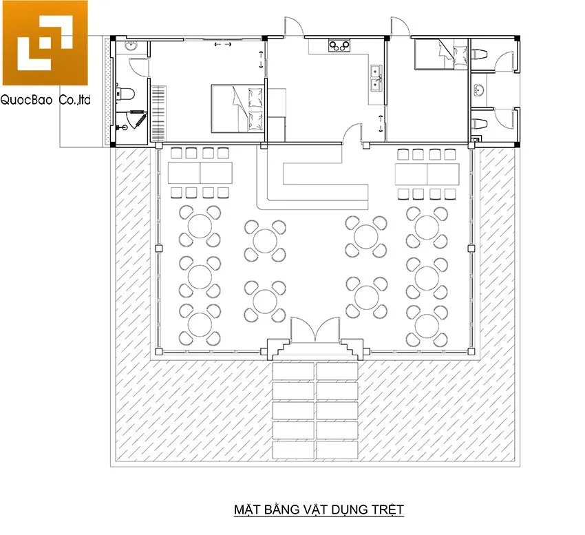 Công năng sử dụng mặt bằng trệt của quán cà phê sân vườn