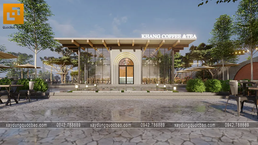 Mặt tiền của quán cà phê nổi bật với hình dáng ngôi nhà hình vuông kết hợp mái bằng  ấn tượng