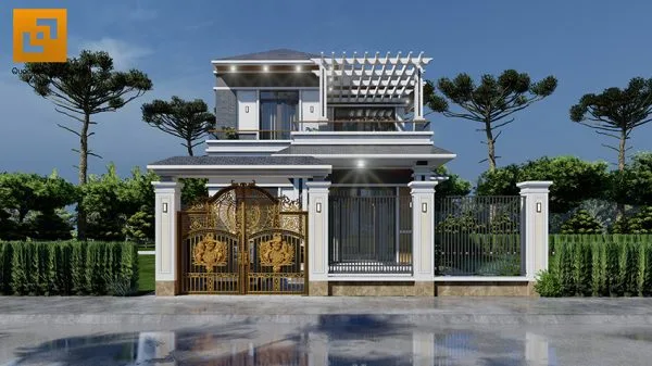 Hệ thống tường rào cổng chính nổi bật với hệ cột có mái ấn tượng