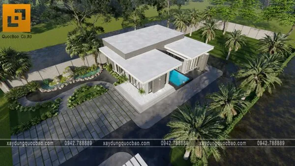 Hệ mái bằng ấn tượng cùng những mảng hình khối giật cấp, so le ấn tượng tạo nên kiến trúc ngôi nhà thêm phần đặc biệt mà không bị nhàm chán.