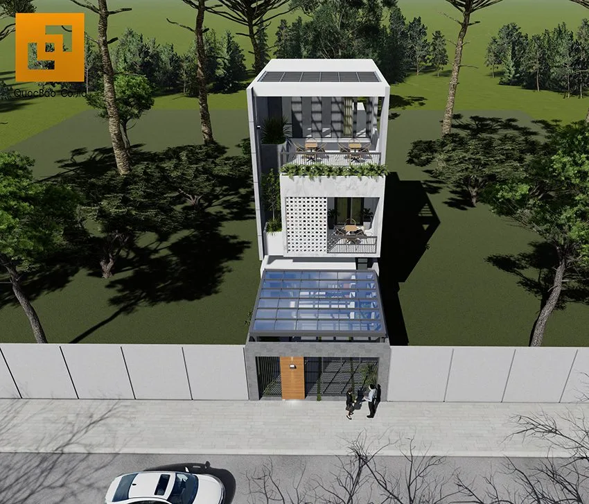 Thiết kế nhà 3 tầng đẹp được KTS tô điểm với phong cách kiến trúc hiện đại dùng nghệ thuật phi đối xứng của bố cục hình khối tôn lên nét đẹp tự do mới mẻ.