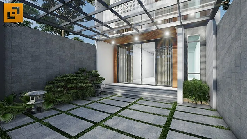 Khoảng sân rộng được dùng làm bãi đậu xe và khu vực vui chơi sinh hoạt cho cả gia đình.