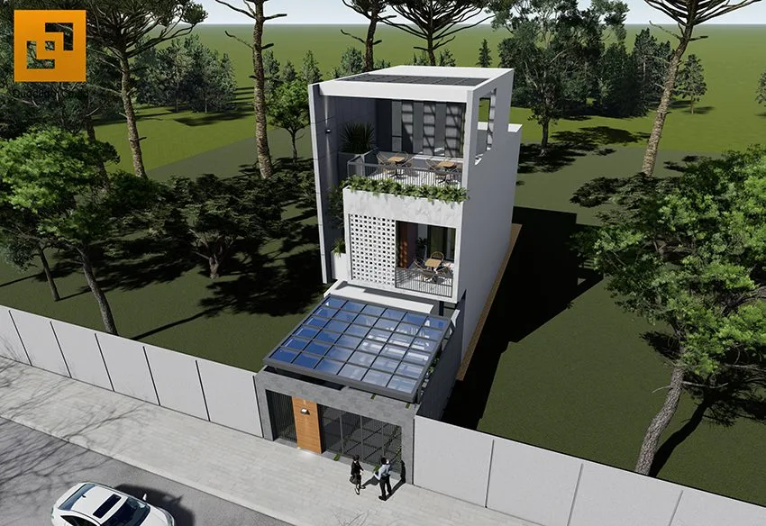 Sự khéo léo trong việc sắp xếp các mảng tường, khối hộp xếp bất đối xứng không tuân theo tỉ lệ ở các ban công tầng lầu tăng thêm cảm giác ngôi nhà có sự phá cách giữa các lớp thú vị.