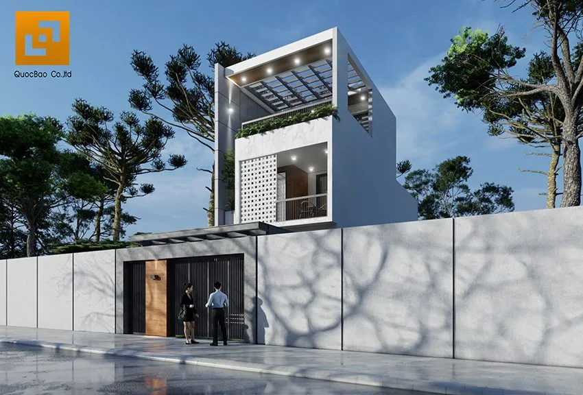 Mặt tiền lầu 1 nổi bật với gạch bông gió màu trắng được dùng thay thế các mảng tường thô cứng bên ngoài ban công.