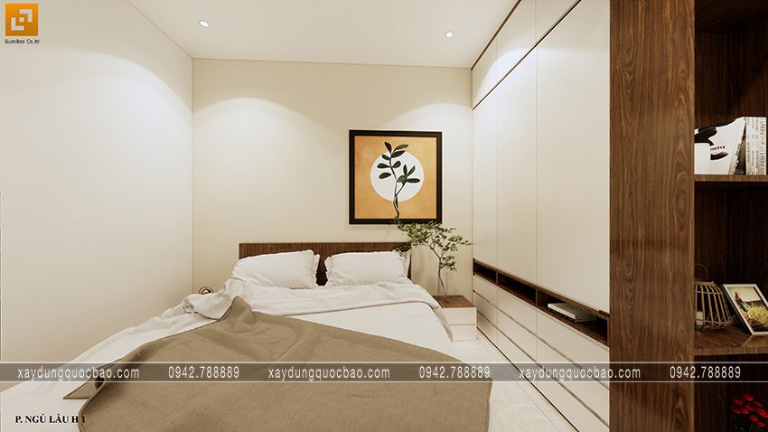 Phòng ngủ với tông màu trắng trang nhã, tươi sáng.
