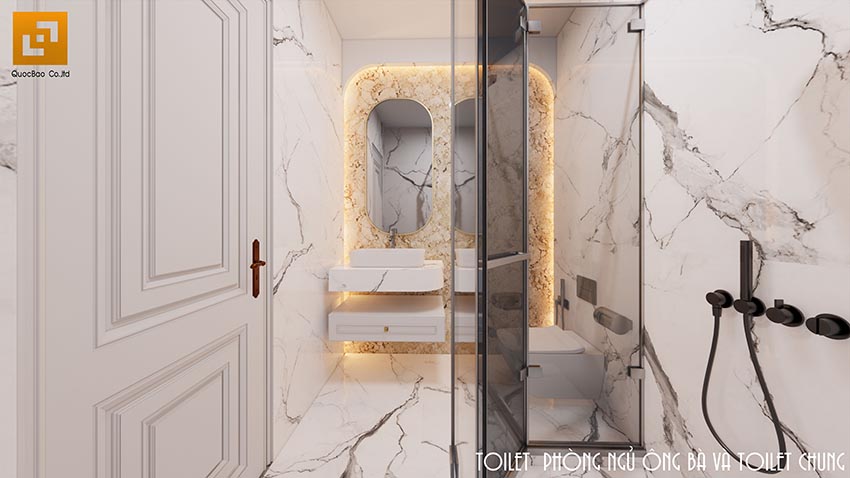 Gương và lavabo treo tường sang trọng, tiết kiệm diện tích.
