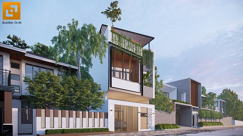Mặt tiền ngôi nhà phố hiện đại ấn tượng khi bố trí nhiều loại cây xanh, tạo nên không gian sống xanh mát và sinh động