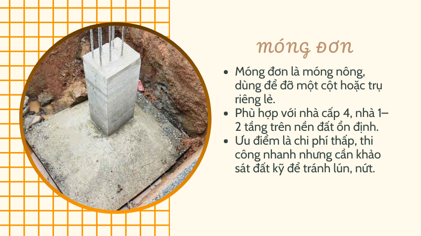 Móng đơn là móng nhà nông, dùng để đỡ một cột hoặc trụ riêng lẻ.