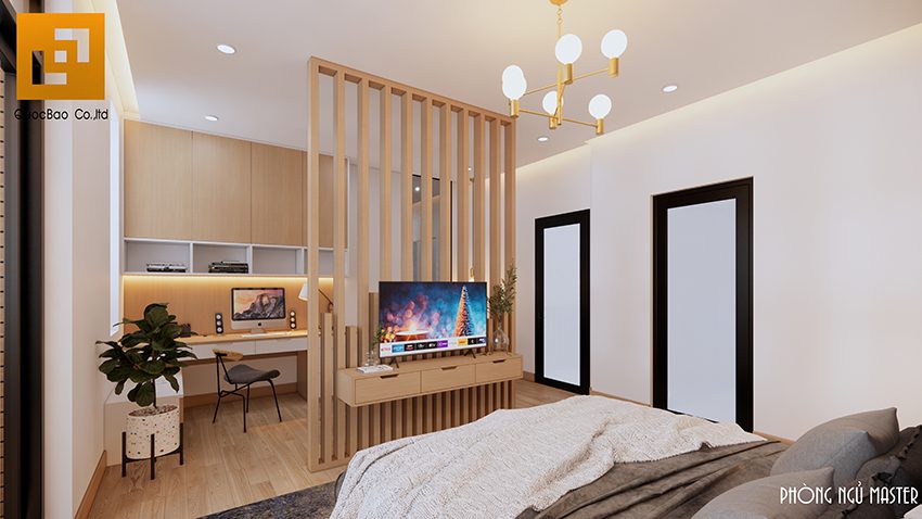 Phòng làm việc được ngăn cách với phòng ngủ bằng hệ lam gỗ trang trí tạo sự riêng tư và tập trung cho công việc.