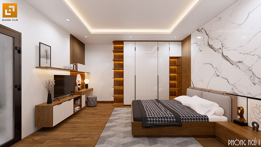 Phòng ngủ được thiết kế tối ưu không gian, cùng màu sắc mang lại sự ấm cúng