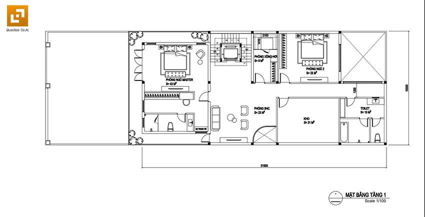 Lầu 2: Phòng ngủ master, phòng sinh hoạt chung, phòng ngủ 2, phòng xông hơi, kho, nhà vệ sinh
