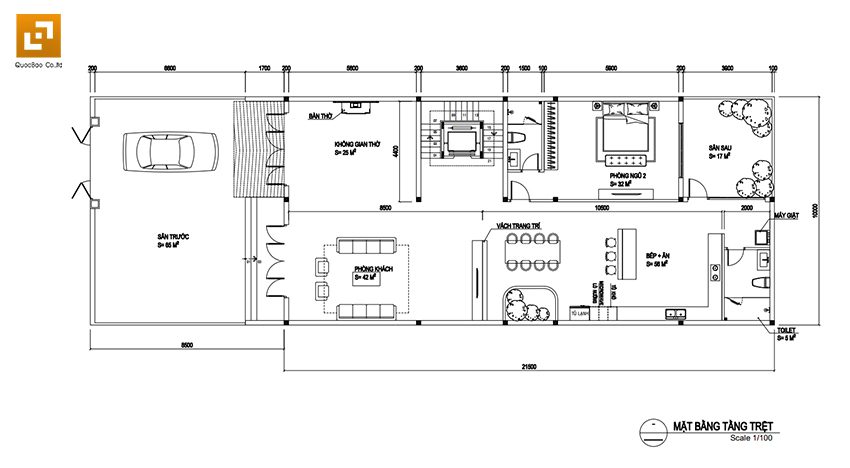 Tầng trệt: Sân trước, phòng thờ, phòng khách, bếp + ăn, Phòng ngủ 1, sân sau, 2 nhà vệ sinh