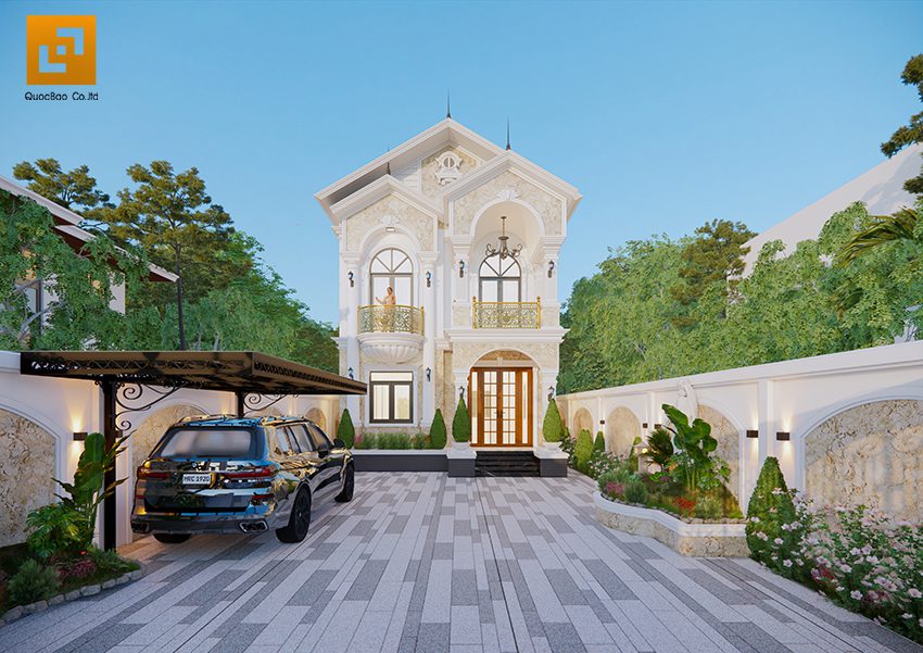 Mặt tiền ngôi nhà được thiết kế với tone màu trắng chủ đạo, kết hợp với hệ mái thái màu xanh ghi tạo nên một tổng thể hài hòa và sang trọng.