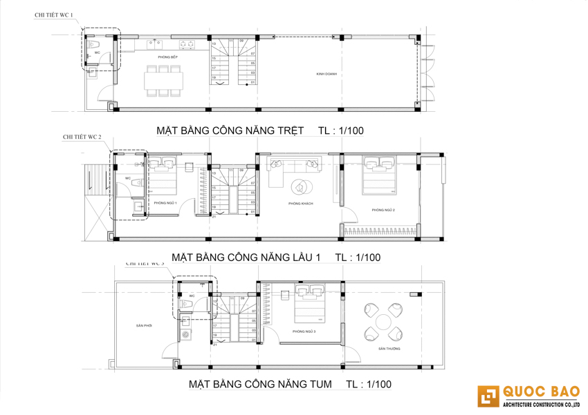 Nhà Phố 2 Tầng 1 Tum – Kiến Trúc Hai Lớp Kinh Doanh và Sống Đầy Bản Sắc 3 Mặt bằng công năng của nhà phố 2 tầng 1 tum